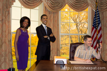 Waxworks of the Obamas in a mock-up of the Oval Office at Madame Tussauds in Bangkok