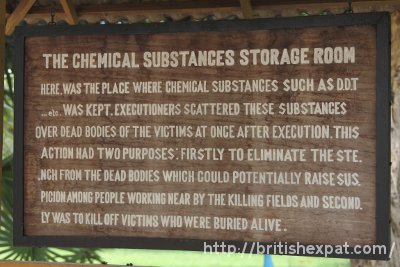 Sign describing the chemical substances store room at Choeung Ek killing field