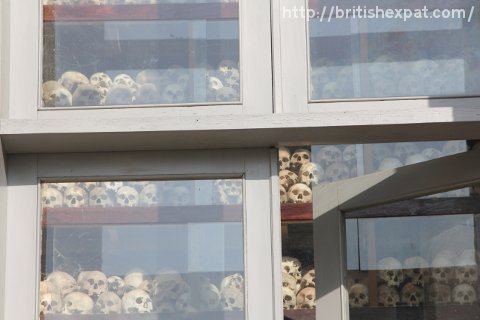 Some of the 8,000-plus skulls inside the stupa at Choeung Ek