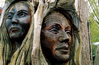 Faces carved into a tree trunk by a Maori artist