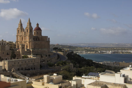 Mellieha parish church, bay and Gozo