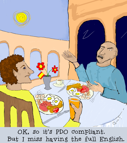 Cartoon of guys in Spain eating a fried breakfast that they can no longer call "English"