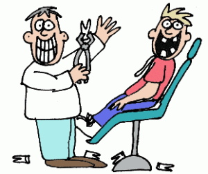 Cartoon of a dentist and a patient in the chair, both grinning, with several extracted teeth on the floor